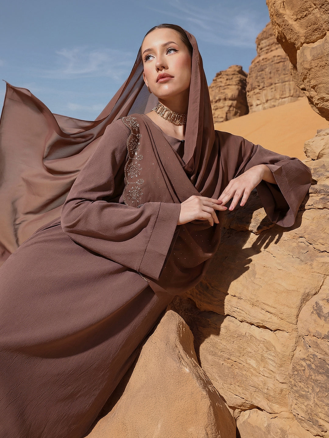 Rich Poly Georgette Embellished Regular Abaya with Hijab