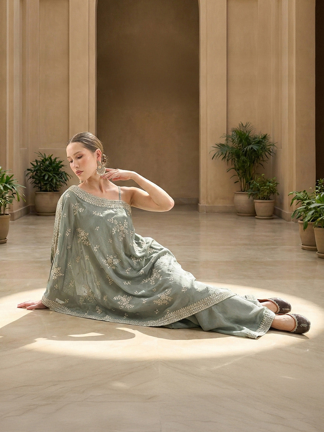 Rich Chinon Embroidered Brown Embroidered A Line Co-Ords ShararaBottom