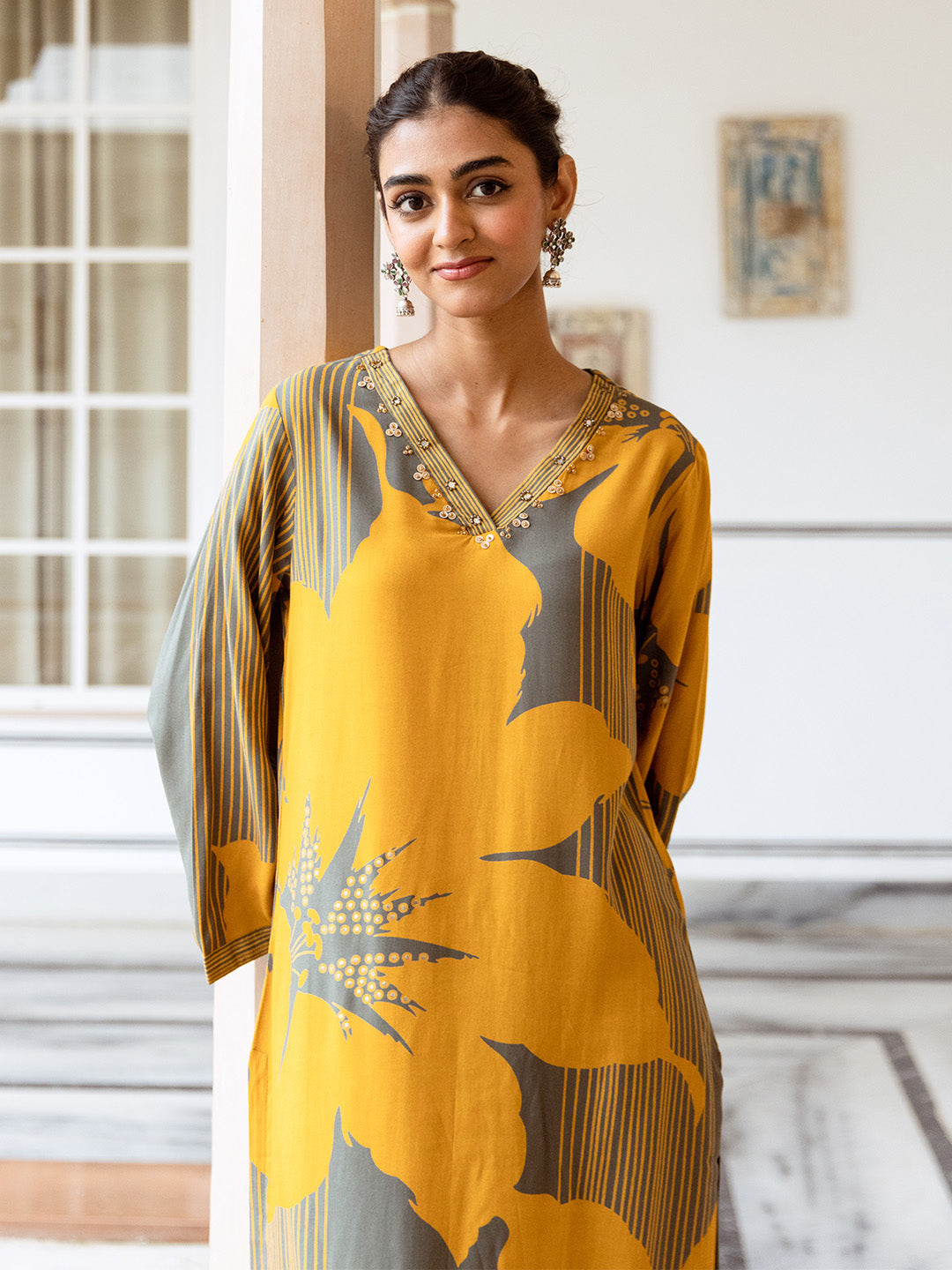 Comfy Mustard Viscose Rayon Neck Embellished Straight Fit Kurta Set