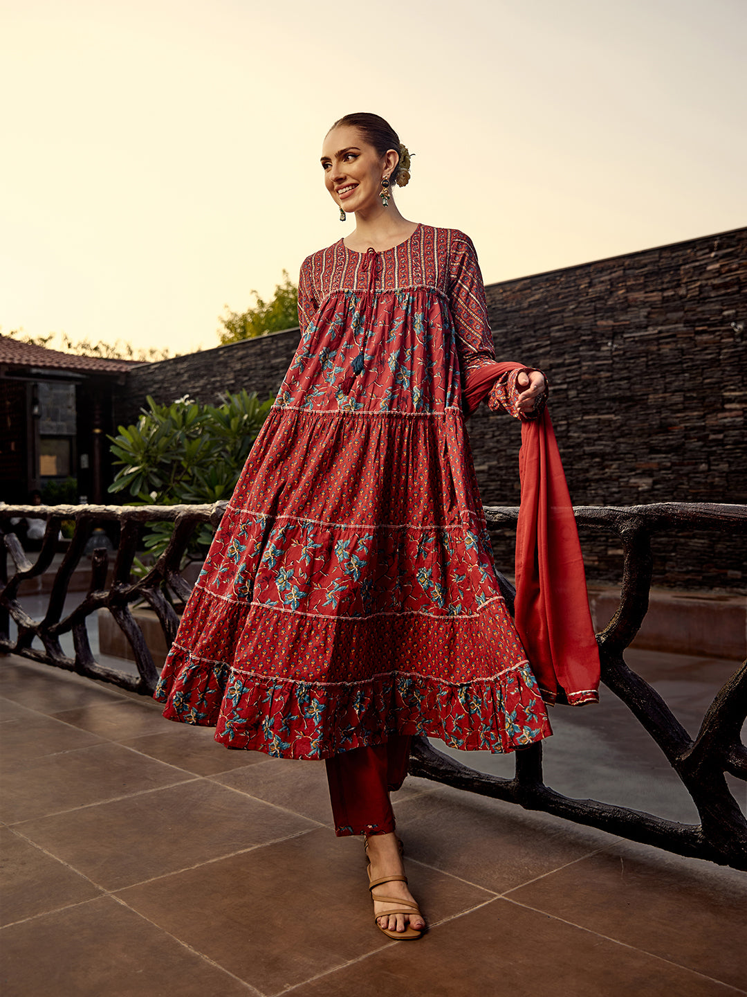 Comfy Cotton Floral Printed Red Layered Kurta With Straight Bottom & S