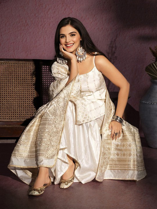 Buy Sunehri Women's Silk Blend Off White Woven Design Kurta Sharara ...