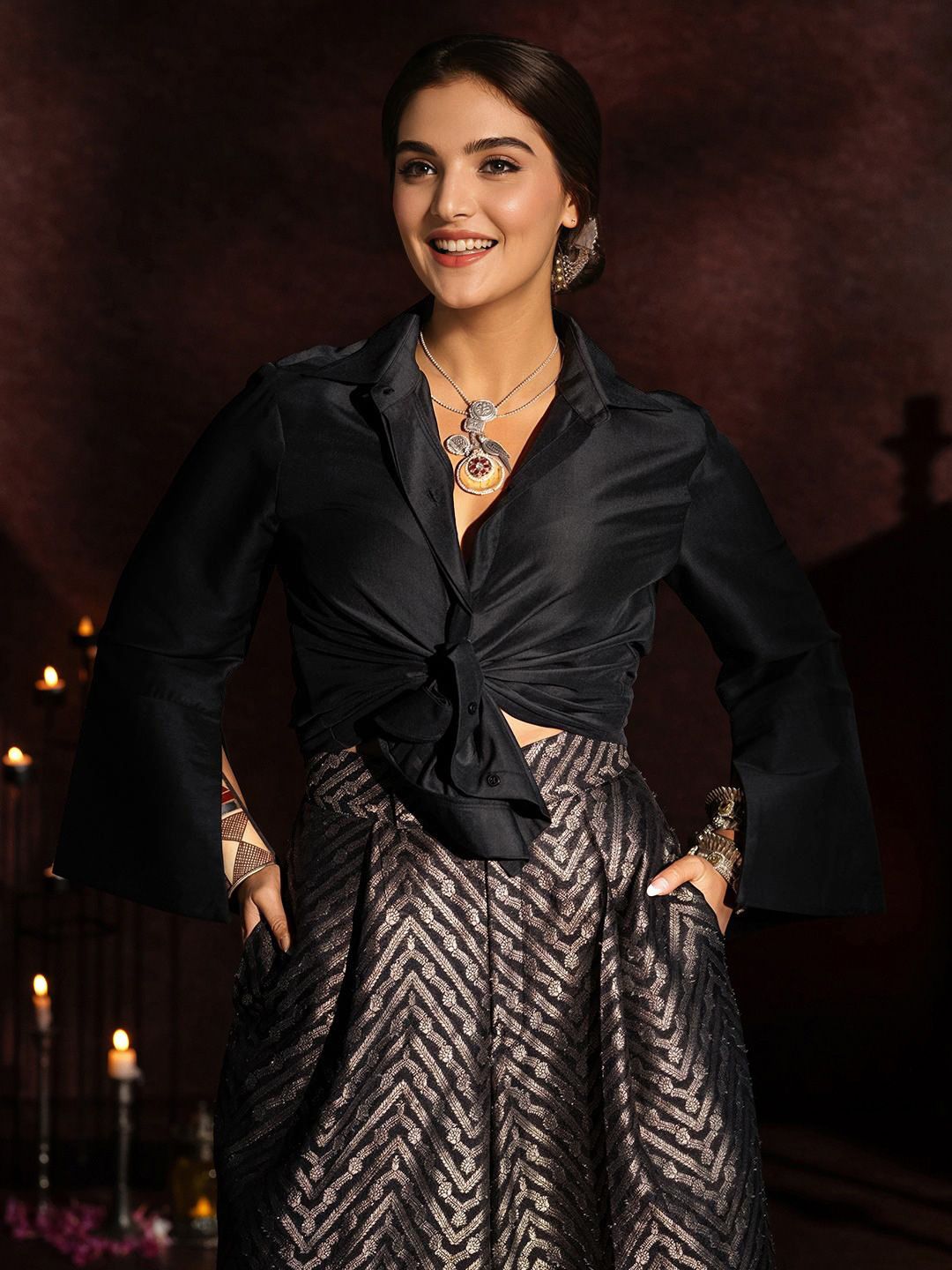 Rich Cotton Blend Black Shirt Collar And Jacquard Flared Bottom Co-Ords
