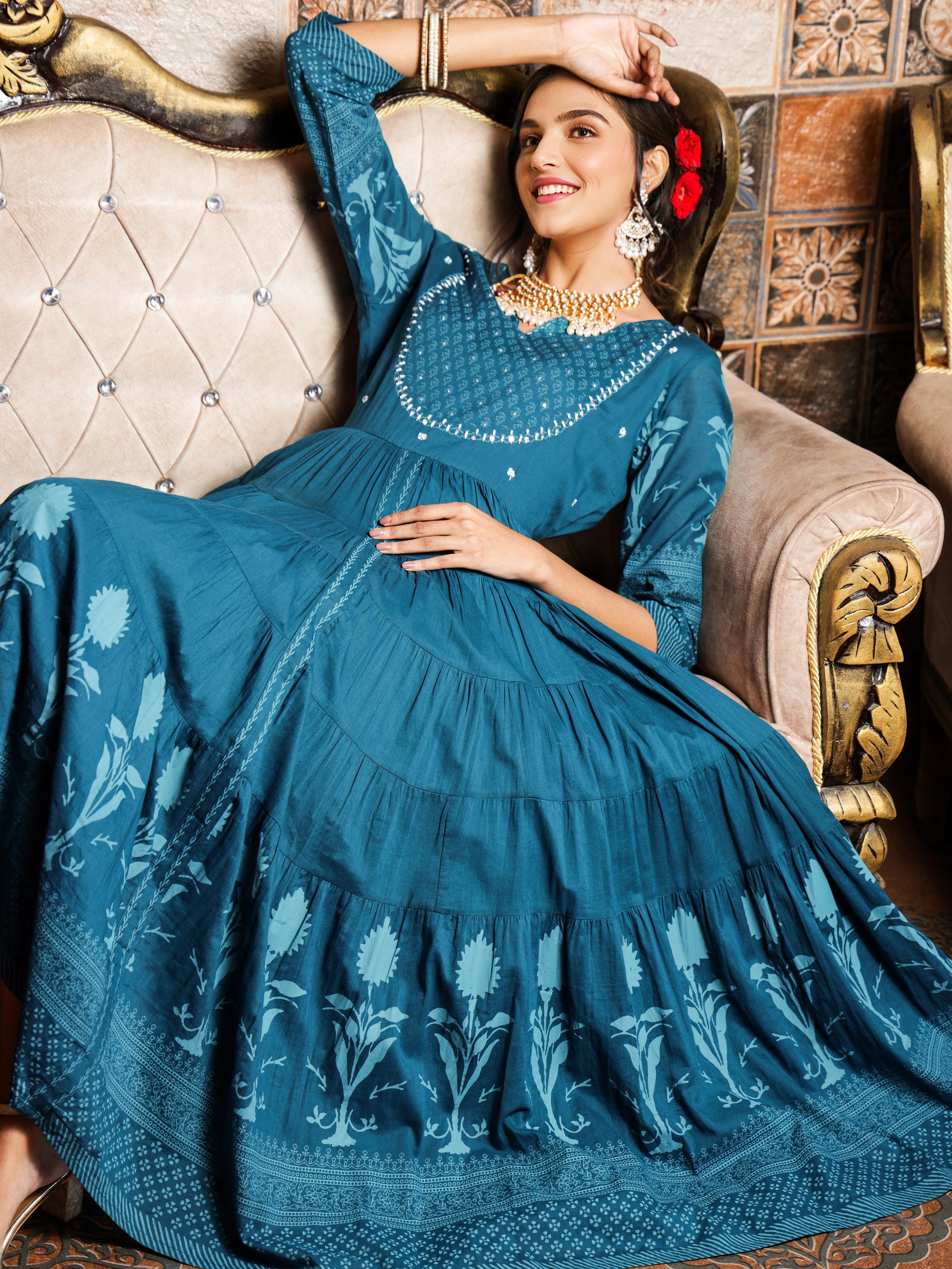 teal cotton dress Organic Cotton Maxi Dress: Teal Boho Summer Gown