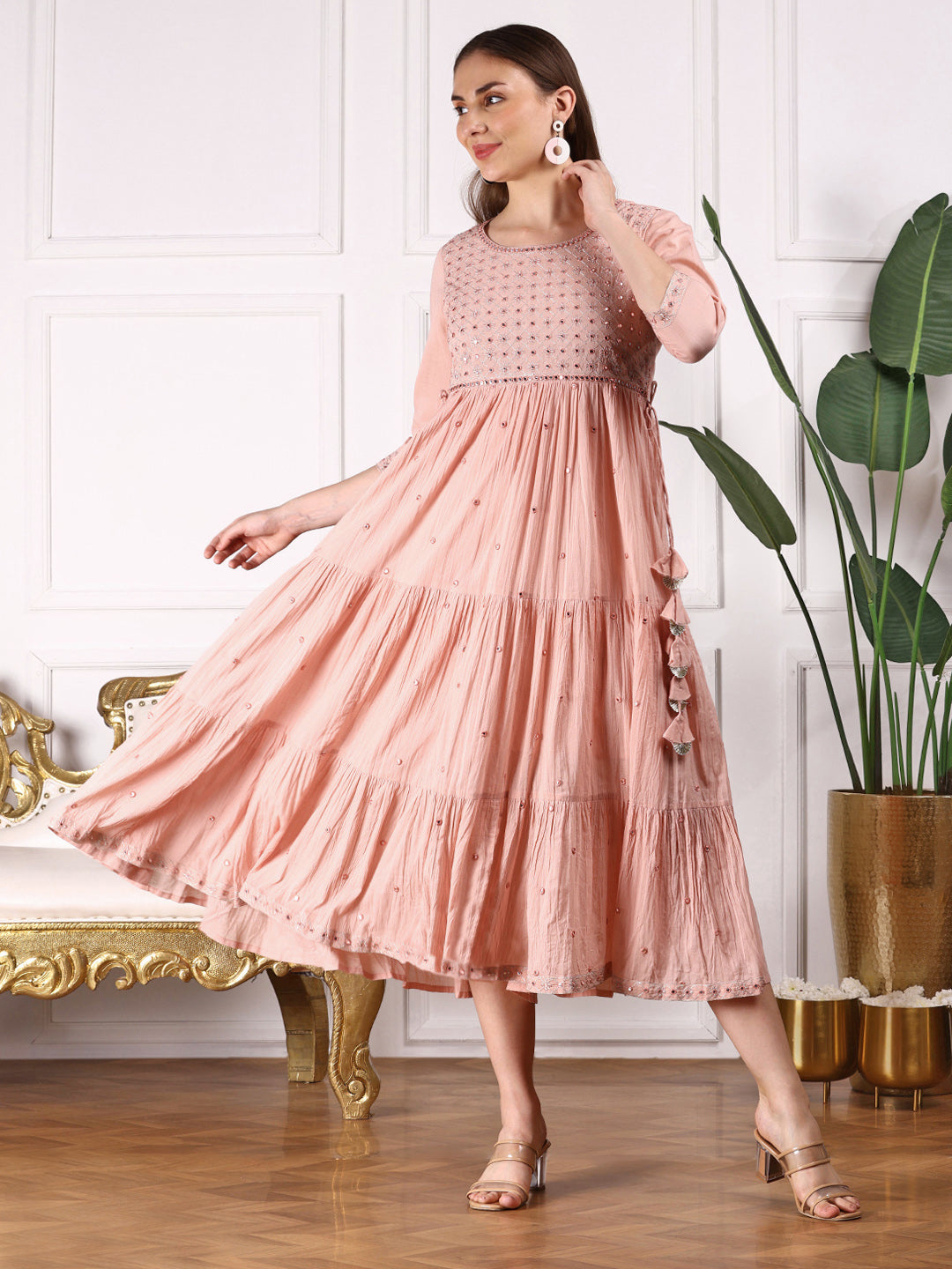 BUY ISHIN Women Floral Embroidered Mirror Work Tiered Cotton Fit & Flare Midi Dress BUY ISHIN Women Floral Embroidered Mirror Work Tiered Cotton Fit & Flare Midi Dress