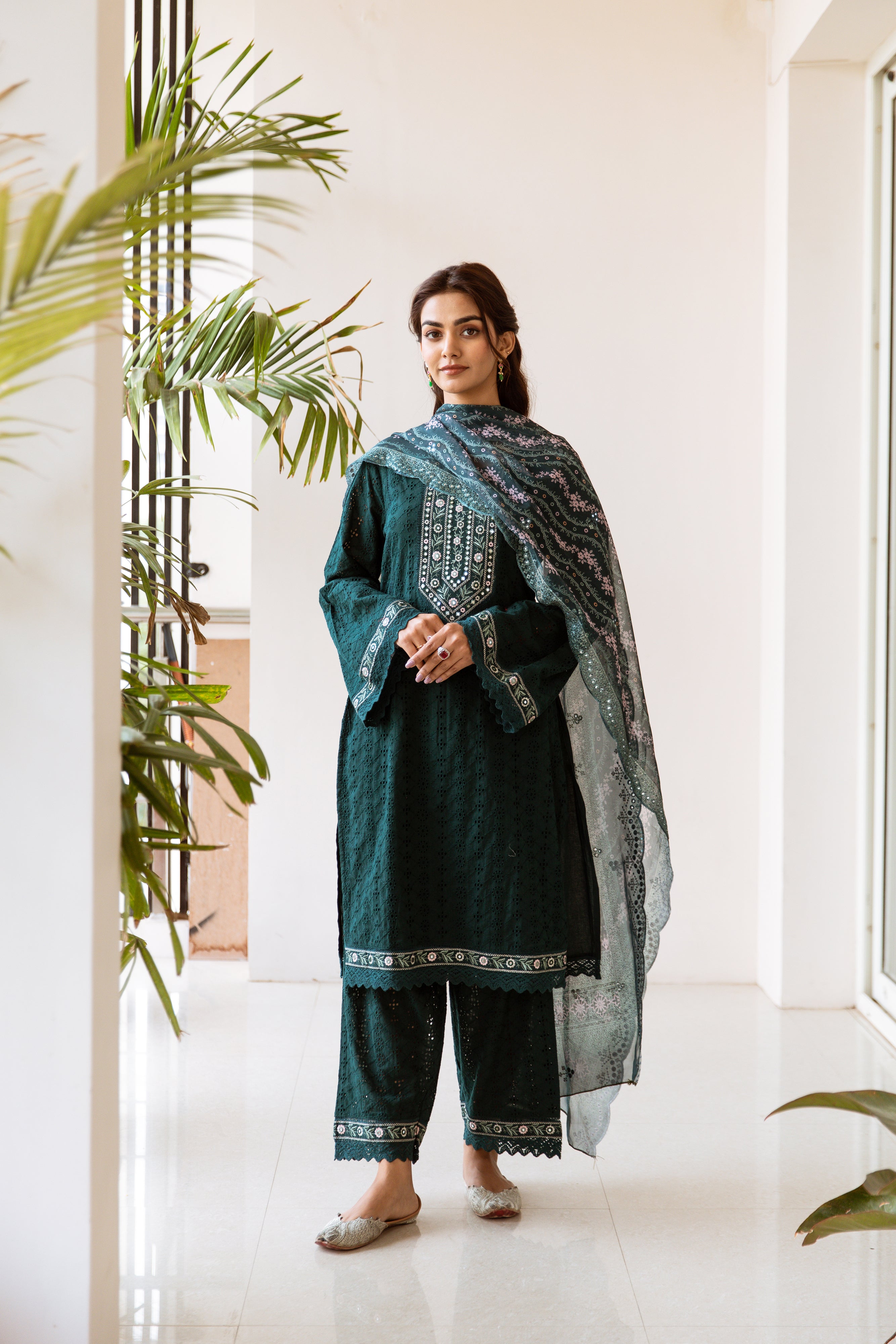Schiffli Green Floral Embroidered Kurta Set With Art Silk Printed Scalloped Dupatta