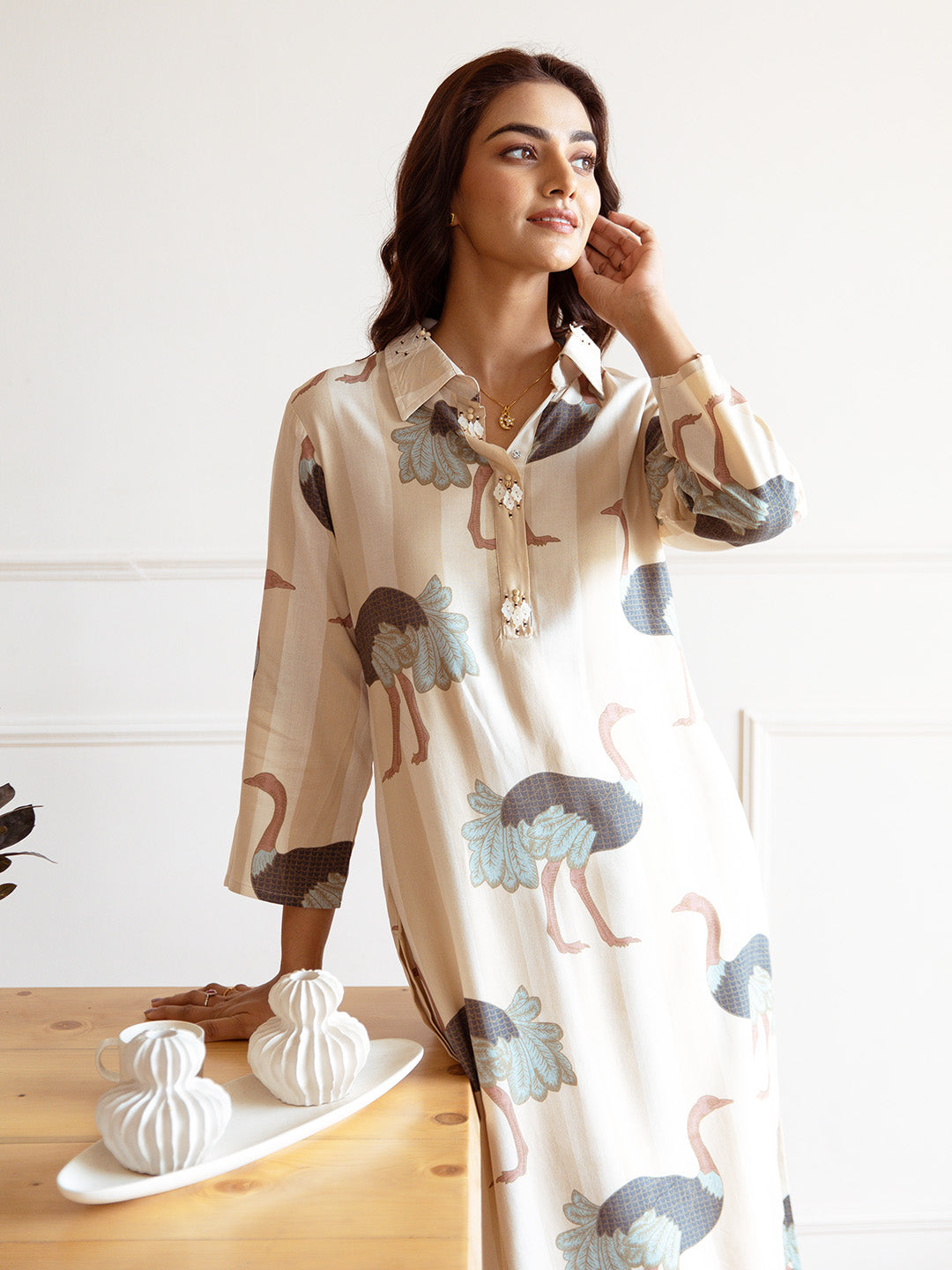 Comfy Rayon Animal Printed Cream Relaxed Kurta Set With Straight Bottom