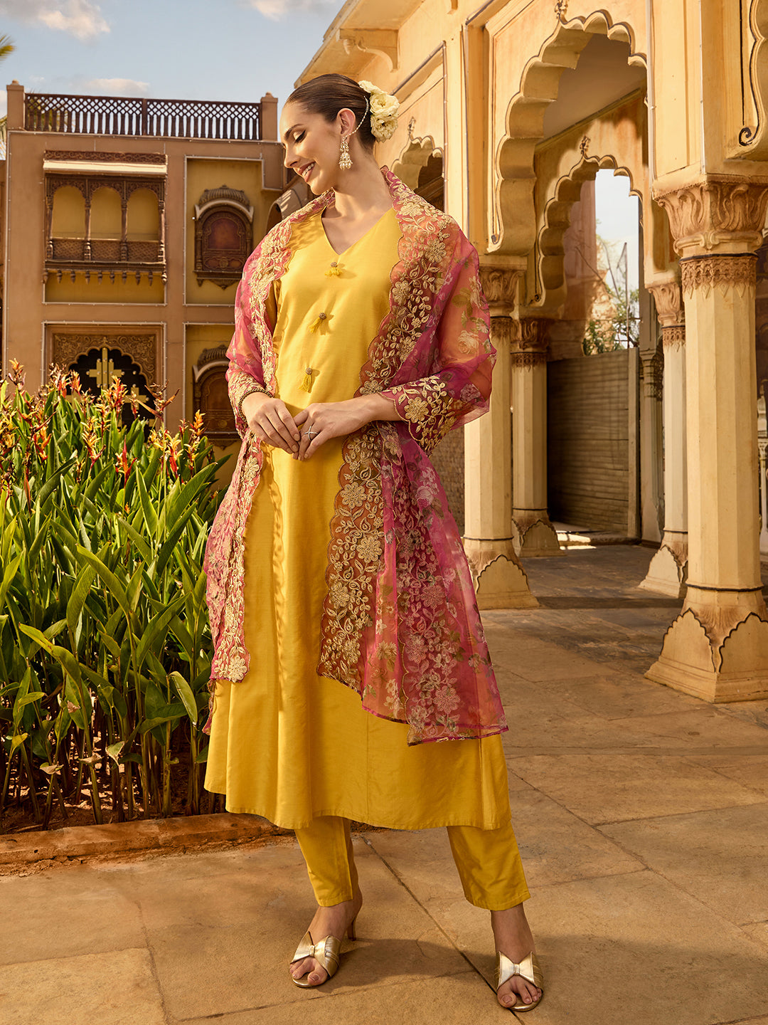 Silk Blend Mustard A-Line Kurta Set With Straight Bottom And Zari Embroidered Scalloped Georgette Printed Dupatta