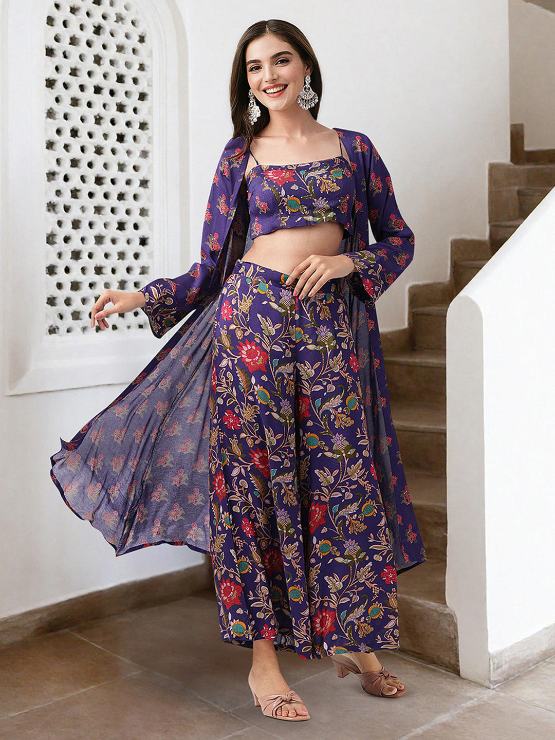Women's Navy Blue Polyester Jacquard Self Design Co-Ord Set - Stylestone