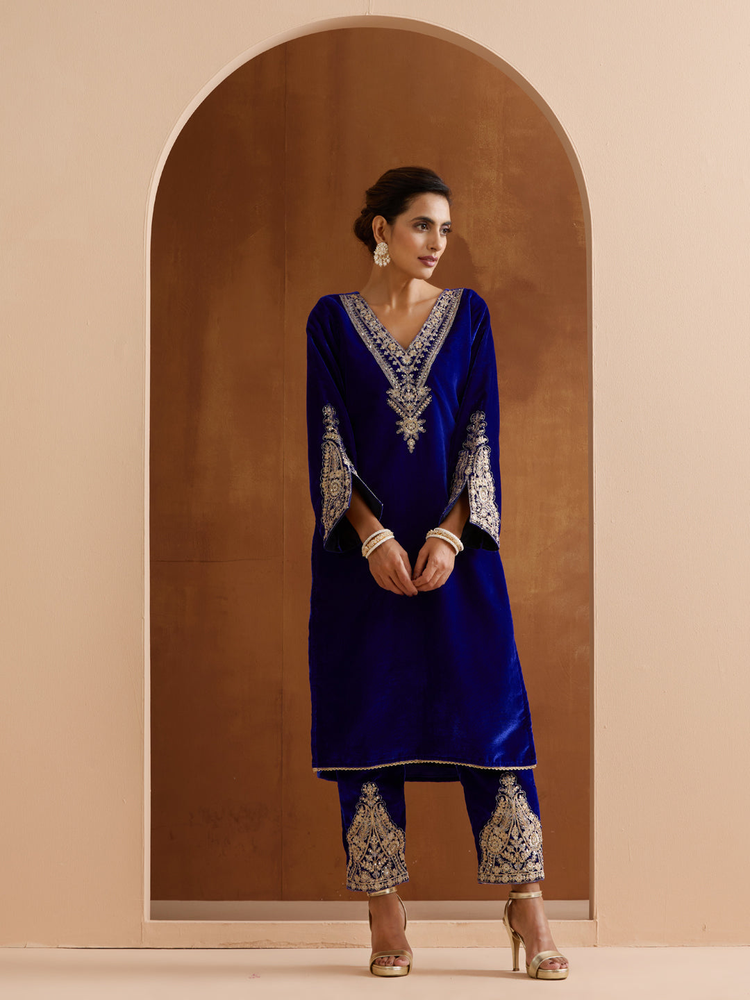 Women Navy Blue Velvet Sequence Embroidered Straight Kurta