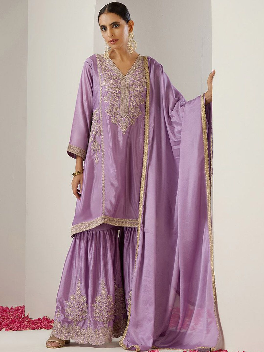 Rich Lavender Chinon Zari Embroidered Kurta Set With Sharara Bottom And Gotta Patti Tassel Dupatta