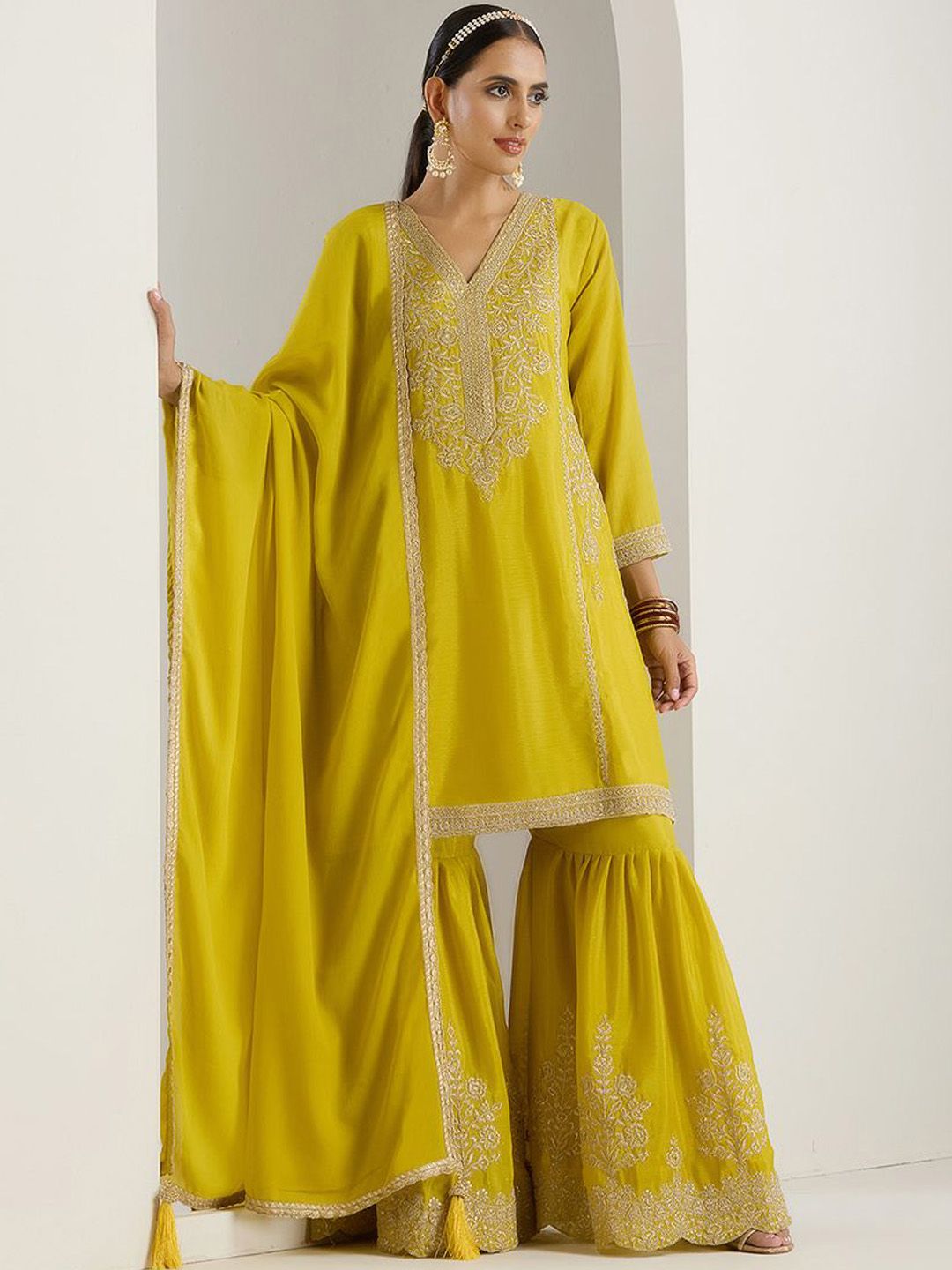 Rich Mustard Chinon Zari Embroidered Kurta Set With Sharara Bottom And Silk Blend Tassel Dupatta