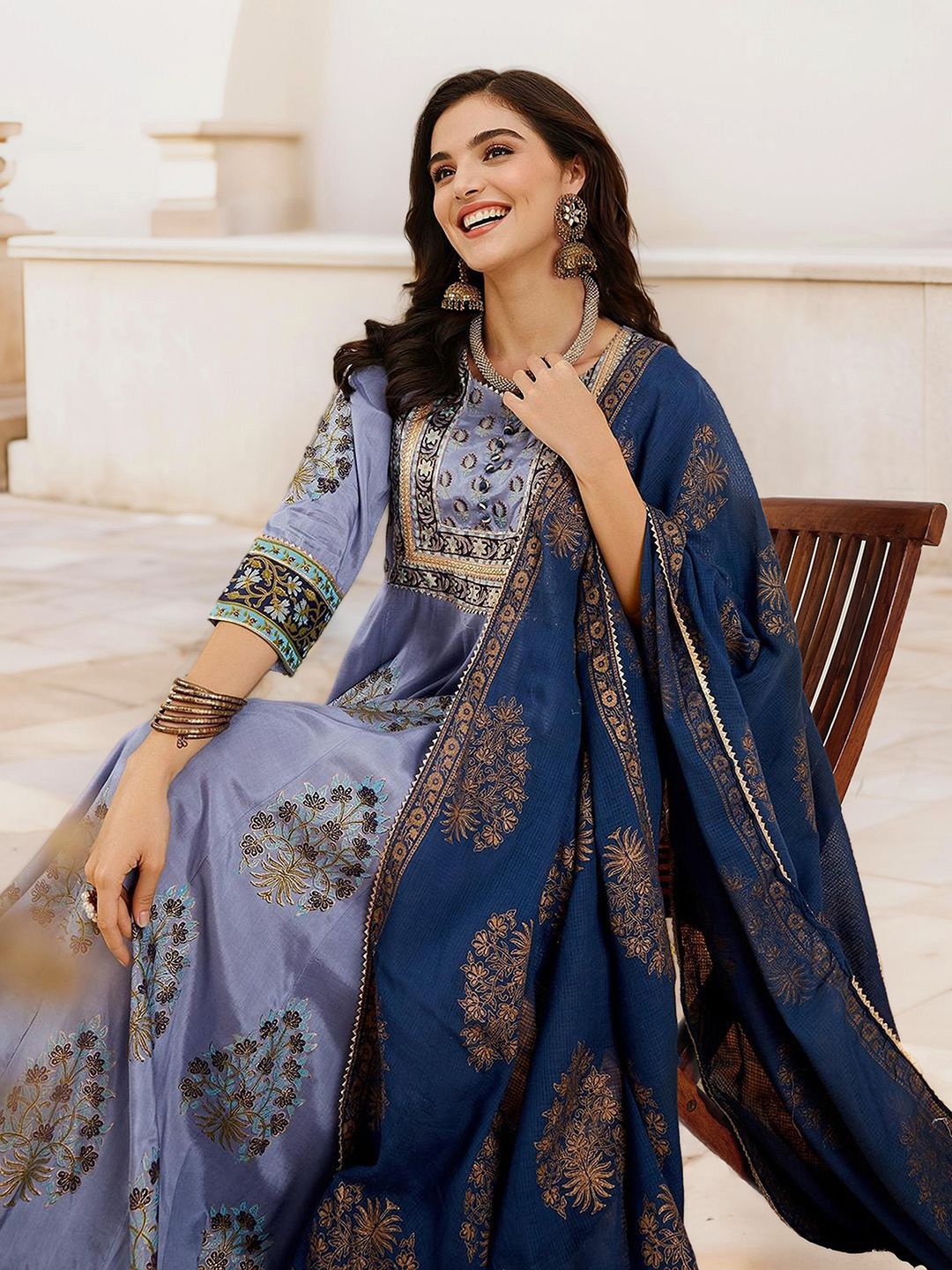 Rich Cotton Blue Ethnic Printed A-Line Dress With Gold Foil Printed Du
