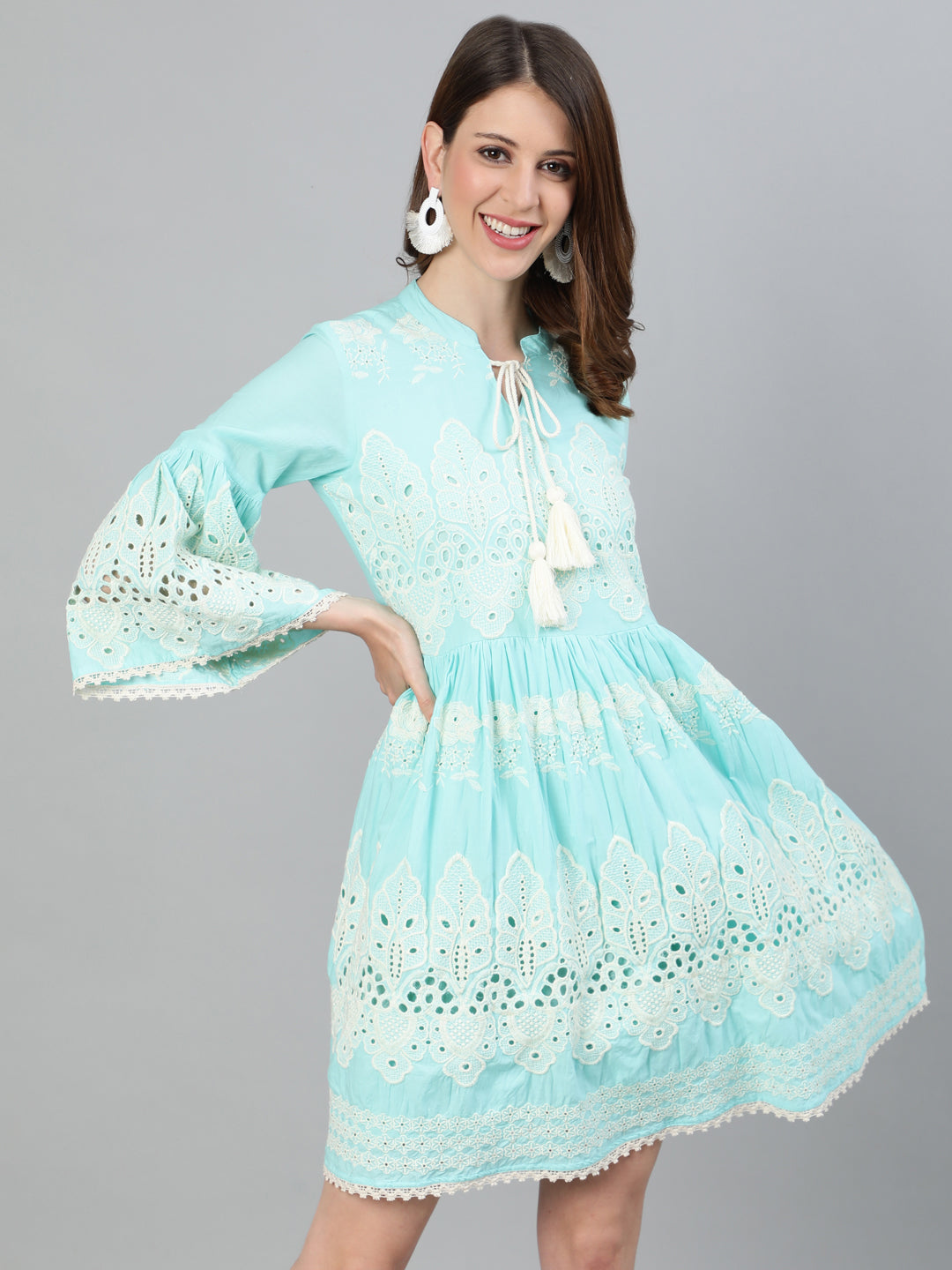 Buy Ishin Women's Cotton Sea Green Schiffli Embroidered A-Line Dress Online