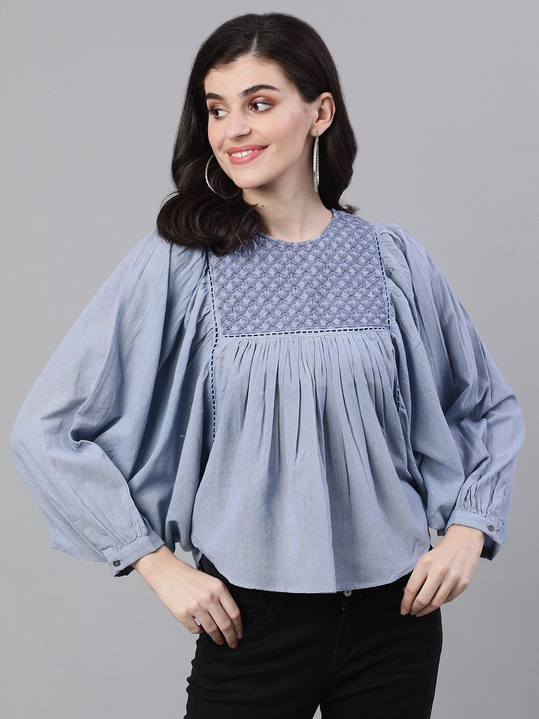 Buy Ishin Women's Cotton Blue Embroidered Butterfly Top Online