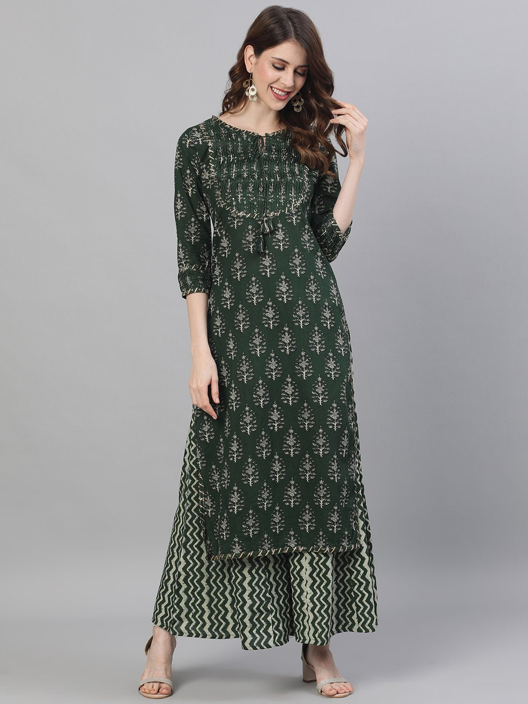 Ishin Set Kurta Anarkali Verde Stampato Per Donna Con Palazzo - Girocollo, Maniche 3/4, Orlo Svasato, Cotone Leggero
