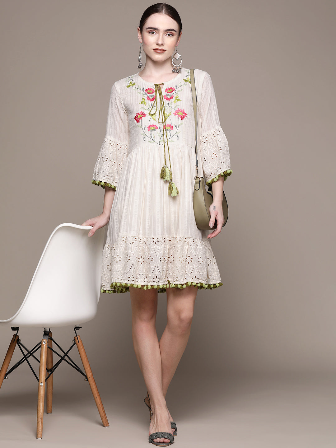 Ishin Women's Off White Embroidered Top