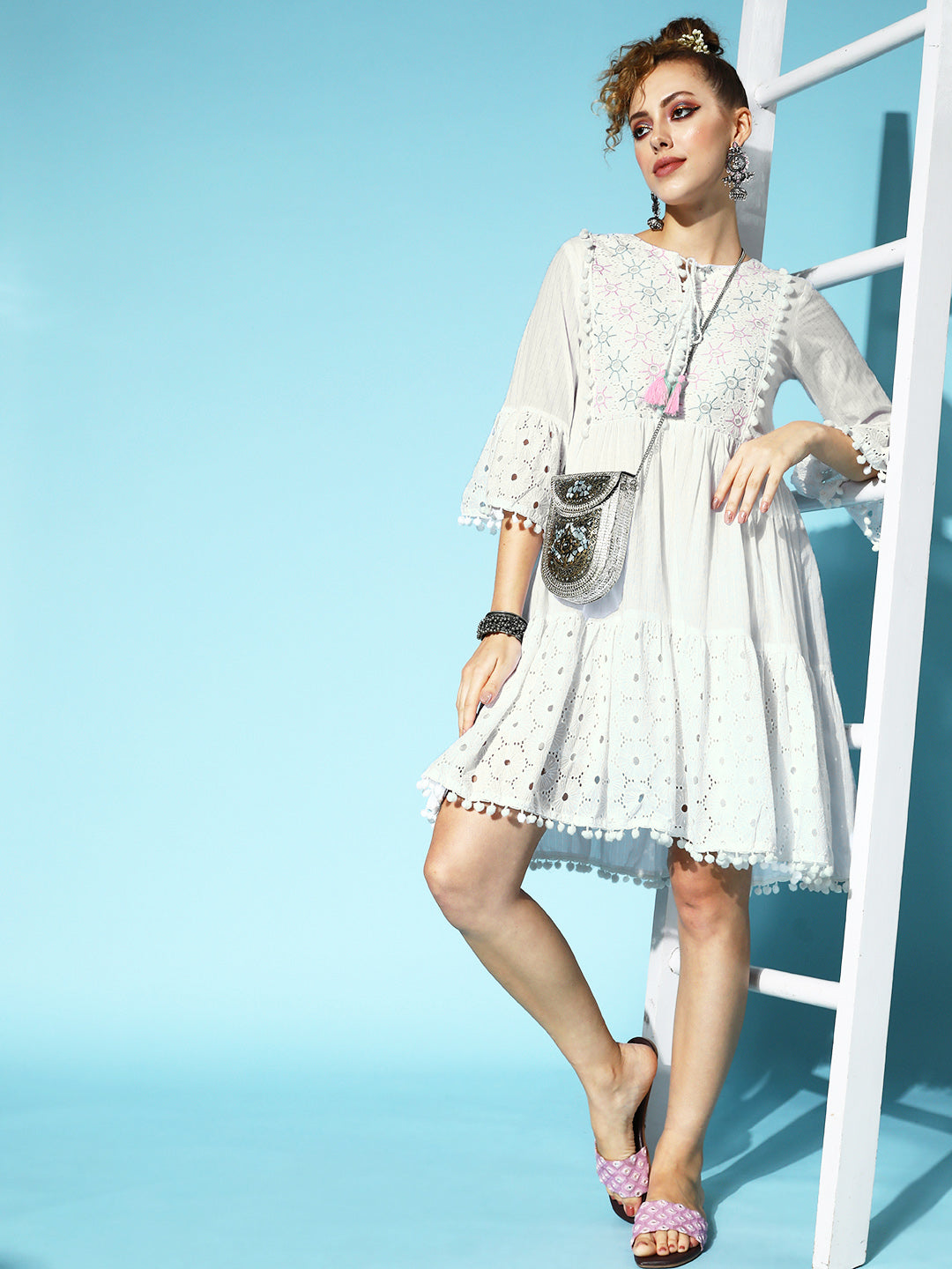 Buy Ishin Women's Cotton Off White Schiffli Embroidered A-Line Dress Online Buy Ishin Women's Cotton Off White Schiffli Embroidered A-Line Dress Online