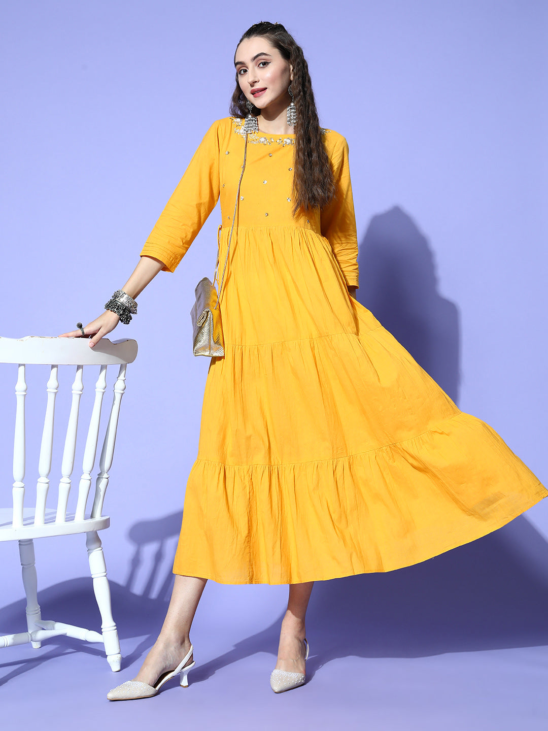 Buy Sunehri Women's Cotton Mustard Yellow Embroidered Anarkali Dress