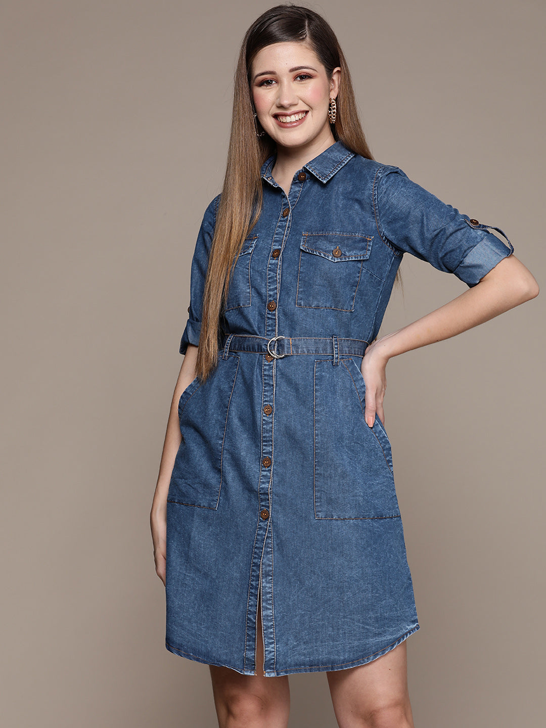 Buy Ishin Women's Blue Denim Shirt Style Dress Online