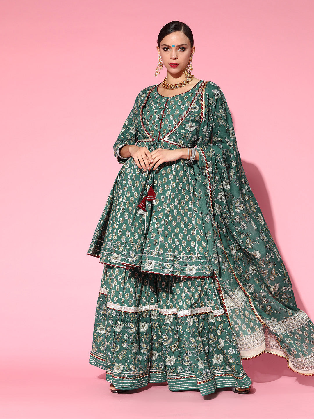 Ishin Women's Cotton Green Embroidered Anarkali Peplum Kurta Sharara Dupatta Set