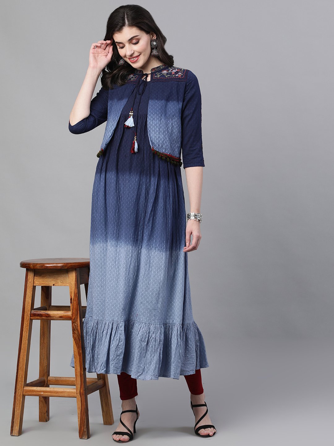 Buy Ishin Women's Rayon Blue Embroidered Tie & Dye Anarkali Kurta With  Jacket Online