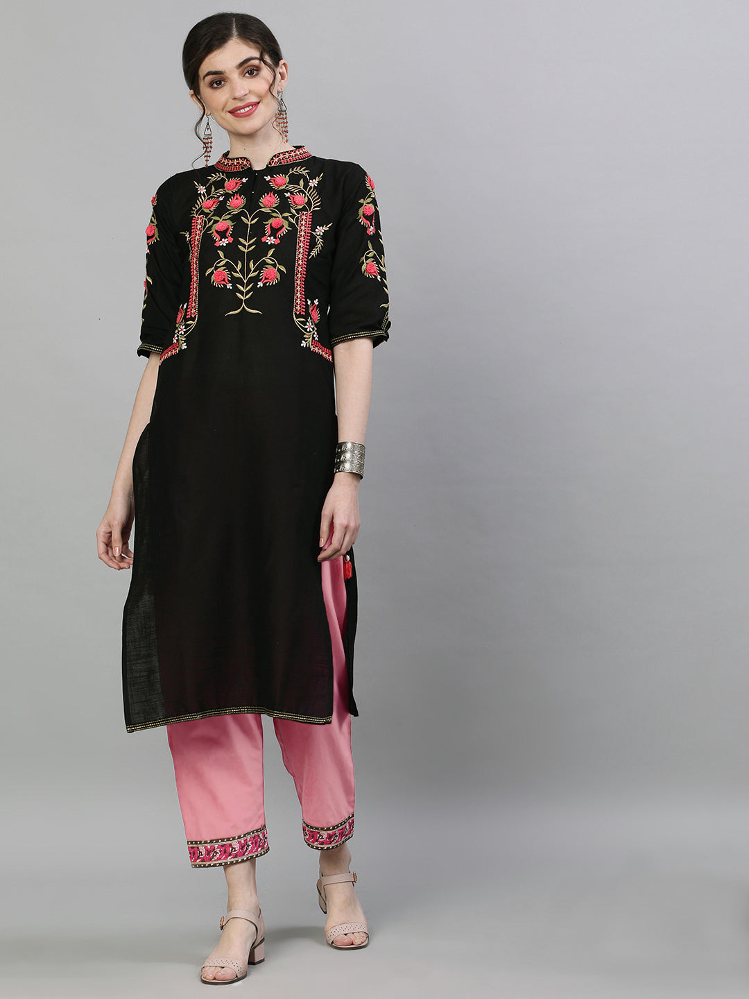 Comfy Black cotton Floral embroidery with tassels Straight fit kurta set