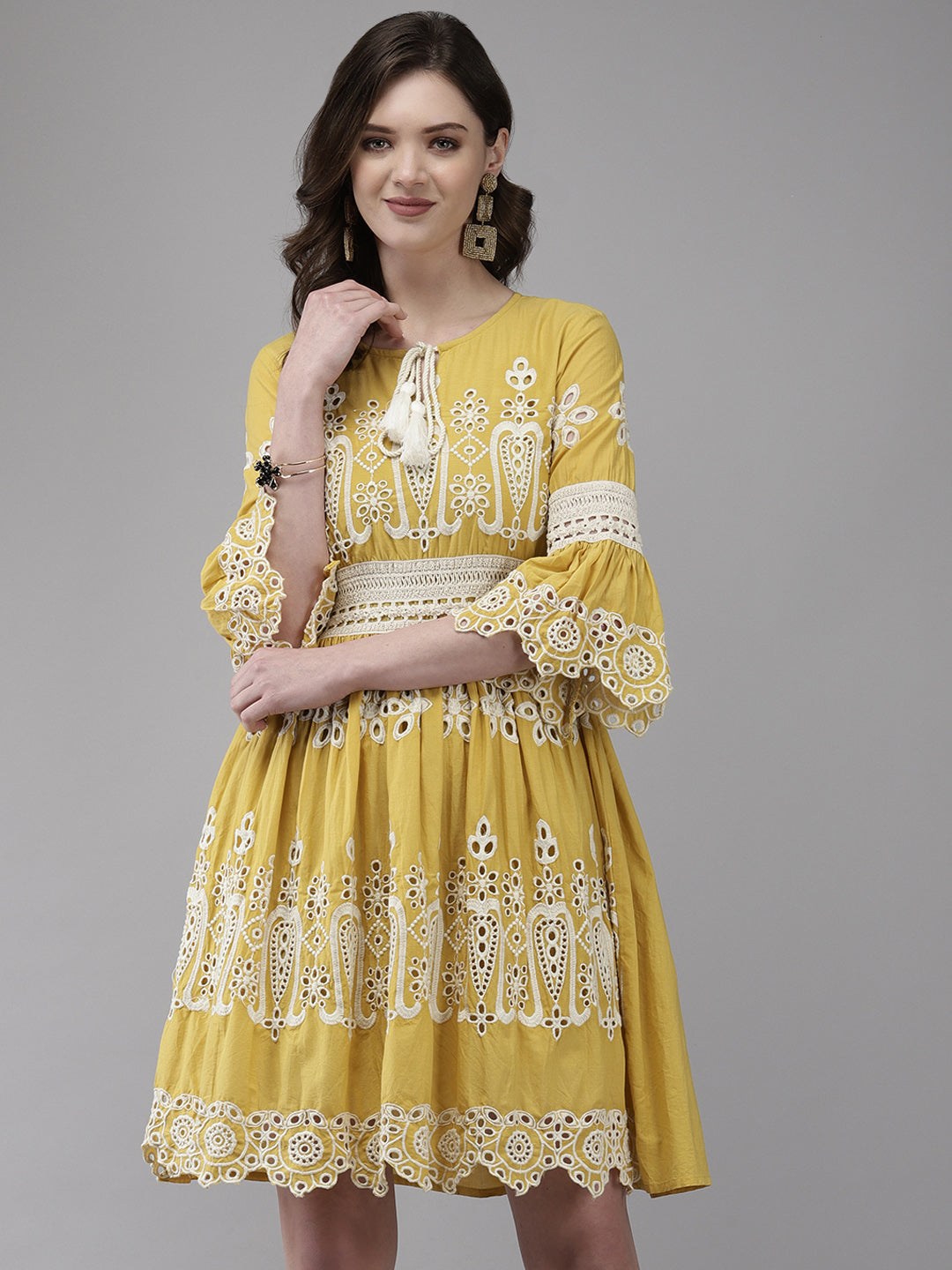 Buy Ishin Women's Cotton Mustard Schiffli Embroidered A-Line Dress Buy Ishin Women's Cotton Mustard Schiffli Embroidered A-Line Dress