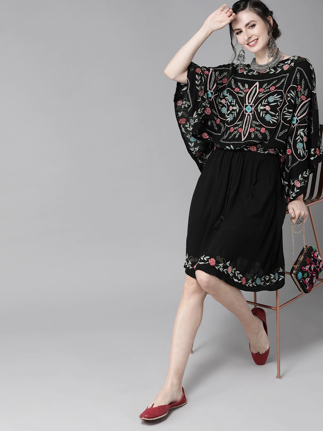 Buy Ishin Women's Cotton Black Embroidered Kaftan Dress Online 