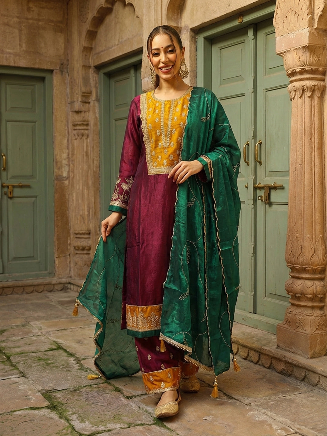 Rich Wine Embroidered Straight Kurta sets