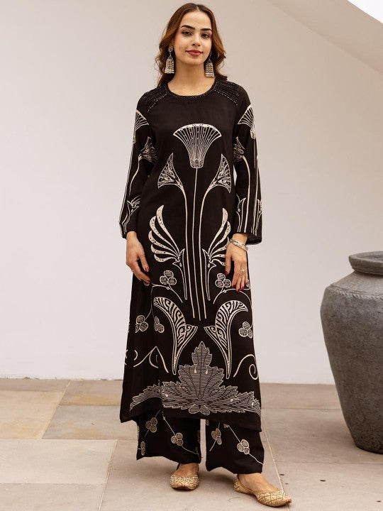 Soft Black Viscose Rayon Printed Straight Fit Kurta Set