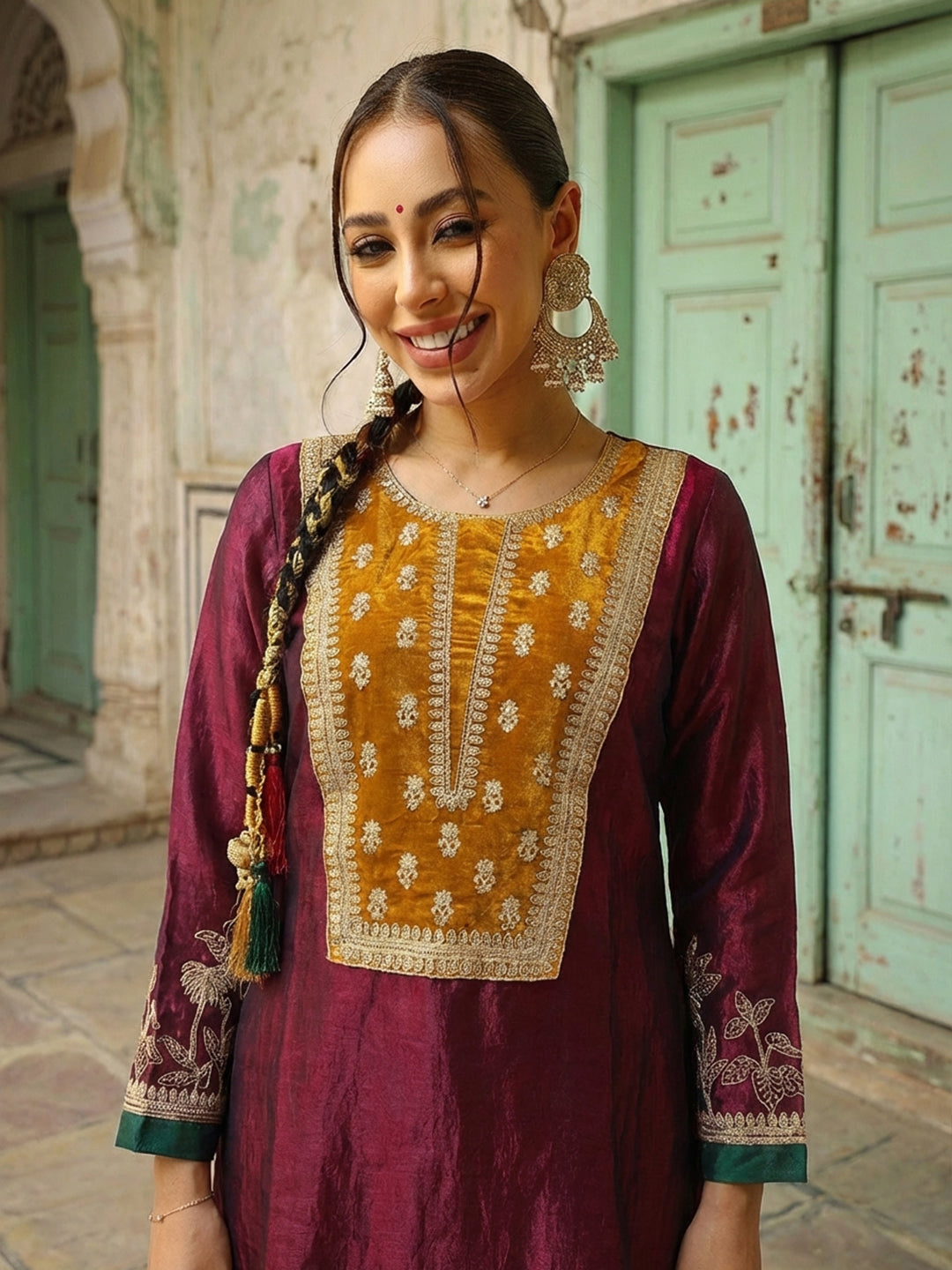 Rich Wine Embroidered Straight Kurta sets