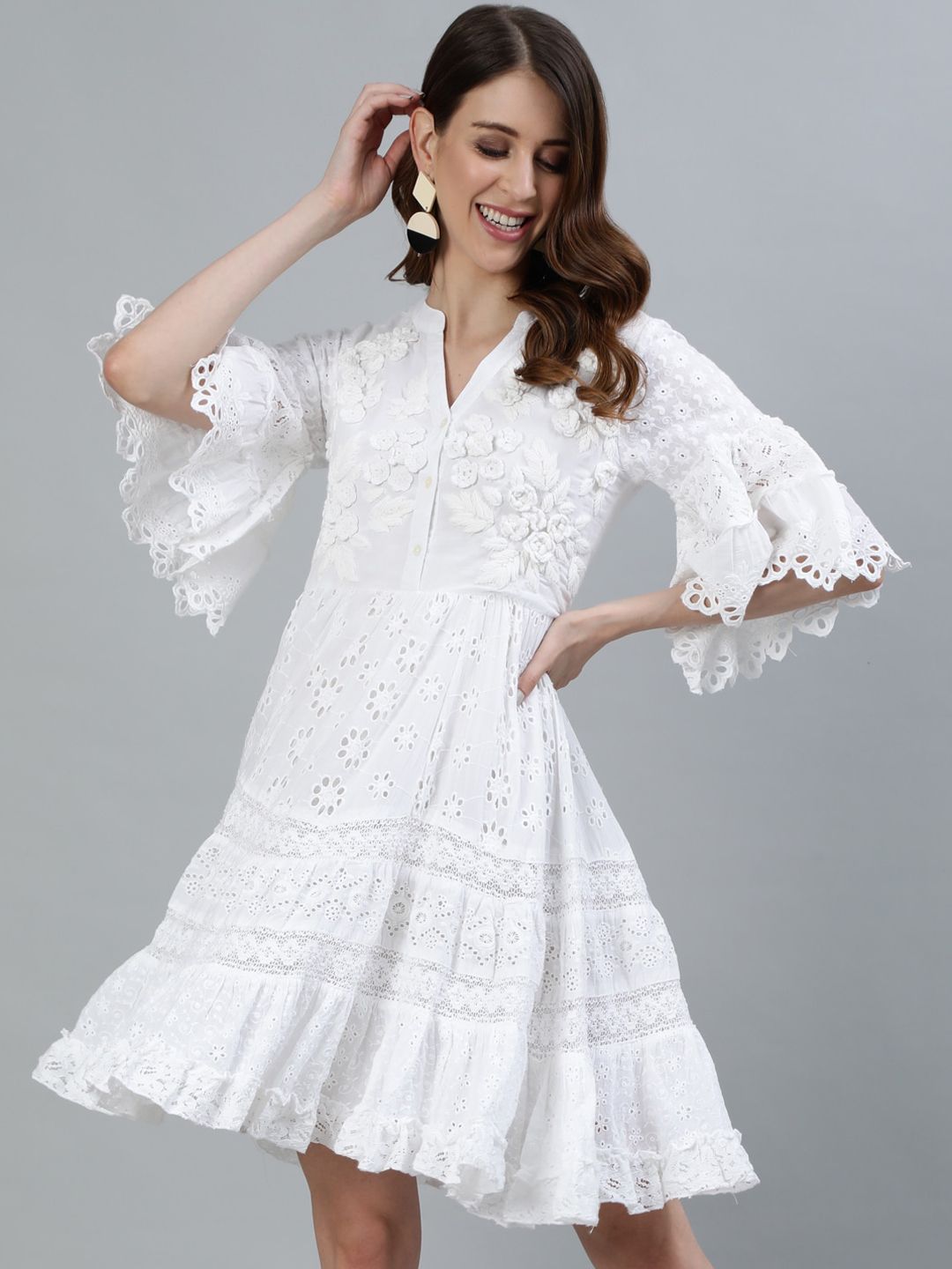 Comfy White Cotton Embellished Fit & Flare Dress With Bell Sleeves
