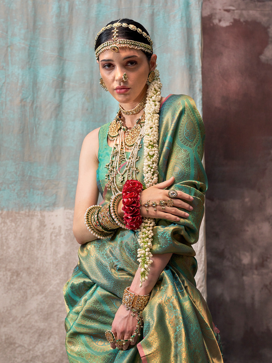 Karagiri Green Kanjivaram Silk Saree With Blouse Piece