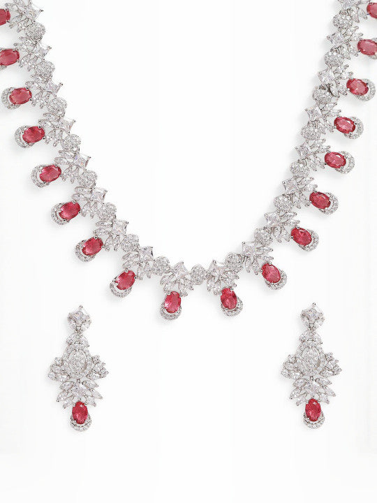 Ishin Pink  Colour Silver Plated American Diamond Jewellery Set