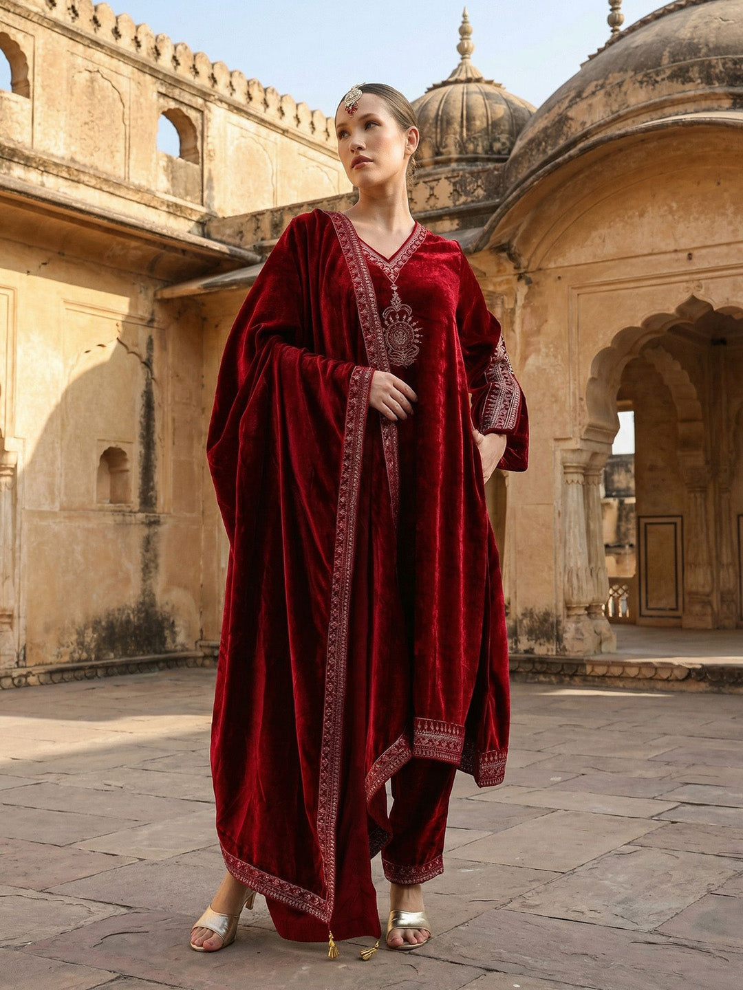 Rich Maroon Embroidered A Line Kurta Sets In Velvet