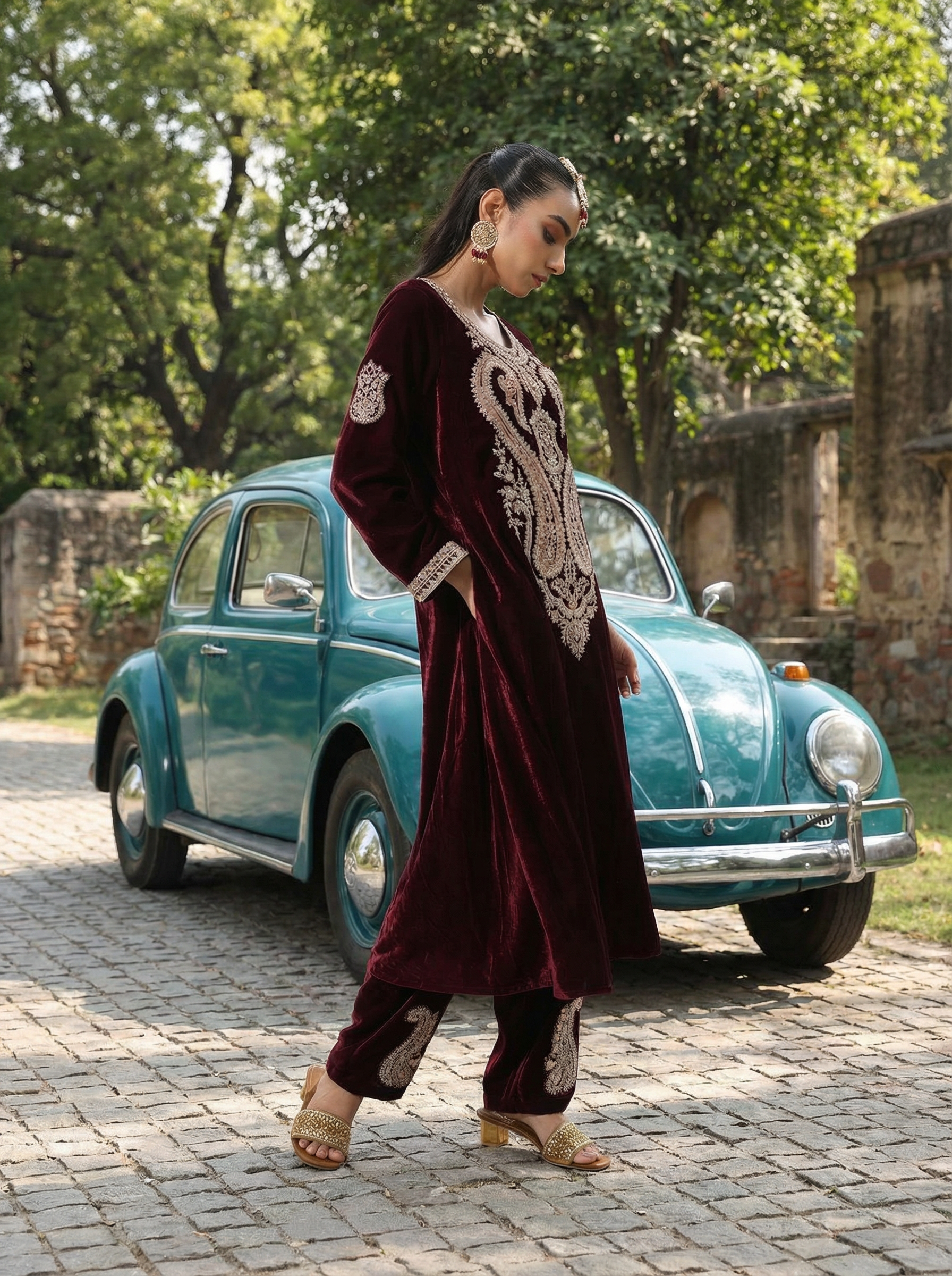 Rice Coffee Velvet A-line Kurta Set