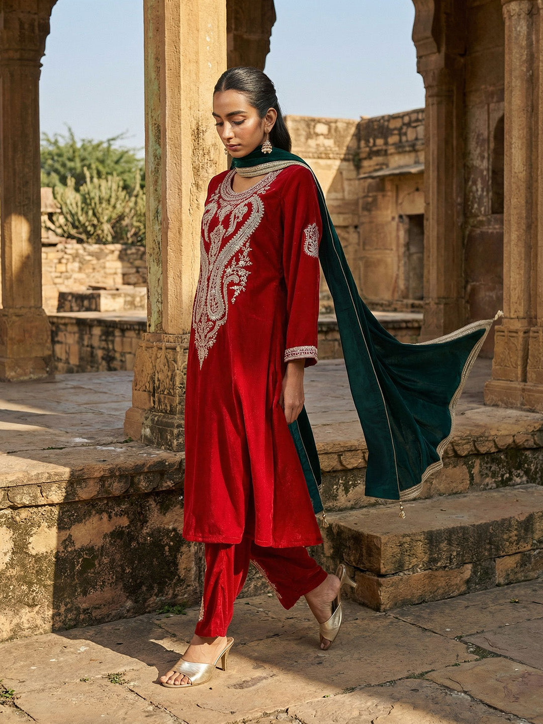 Rich Maroon Embroidered A-Line Kurta Sets In Velvet