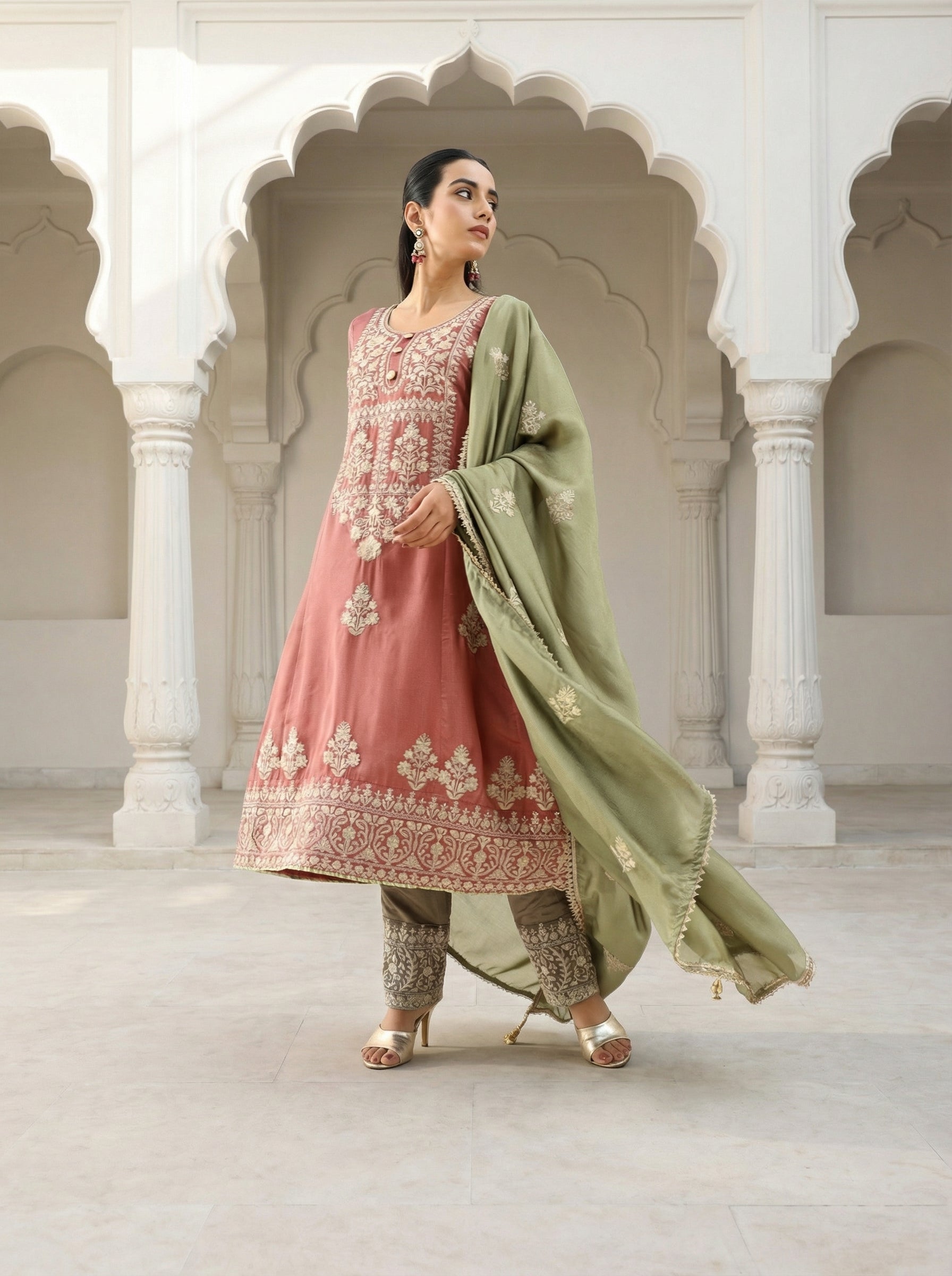 Rich Pink Vichitra Embroidered A Line Kurta Sets With Dupatta