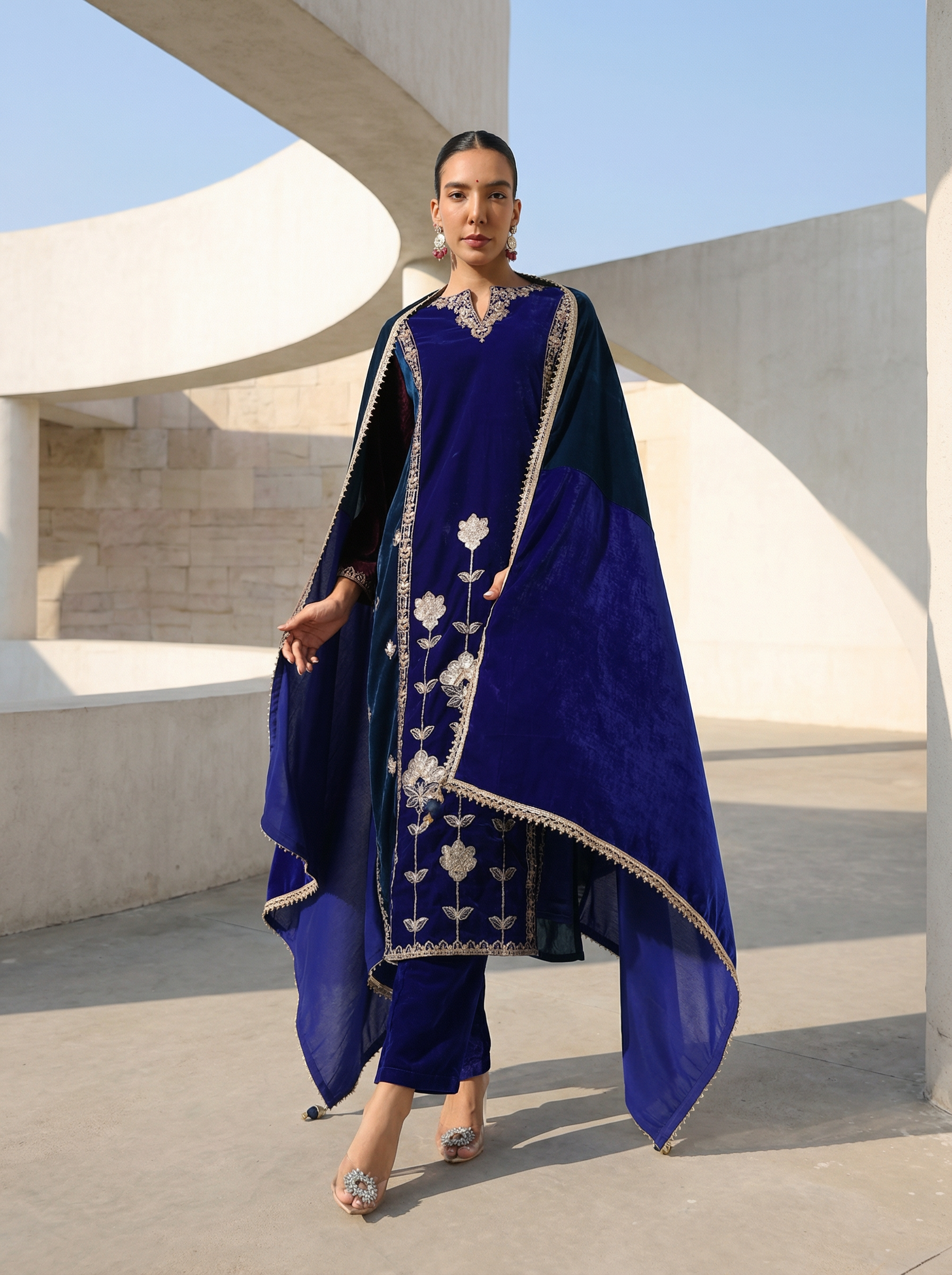 Rich Royal Blue Velvet Straight Kurta Set