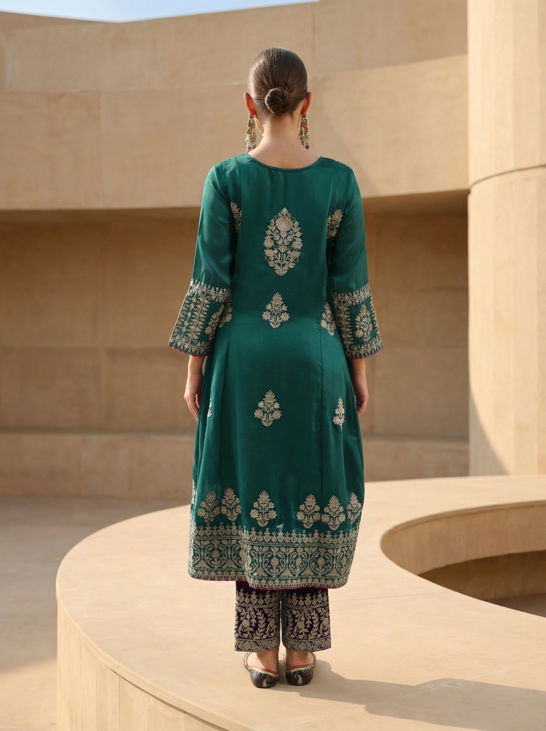 Rich Green Vichitra Embroidered A Line Kurta Sets With Dupatta