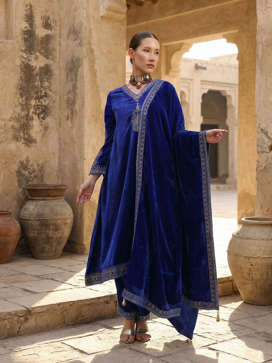 Rich Blue Embroidered A Line Kurta Sets In Velvet