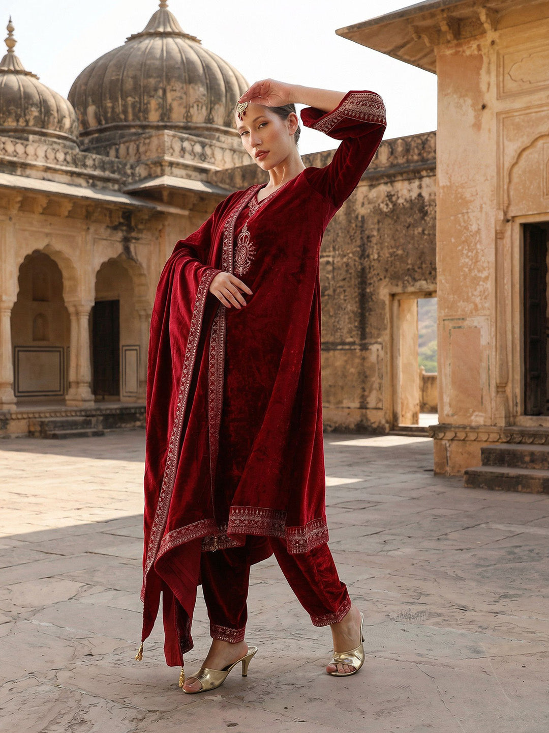 Rich Maroon Embroidered A Line Kurta Sets In Velvet