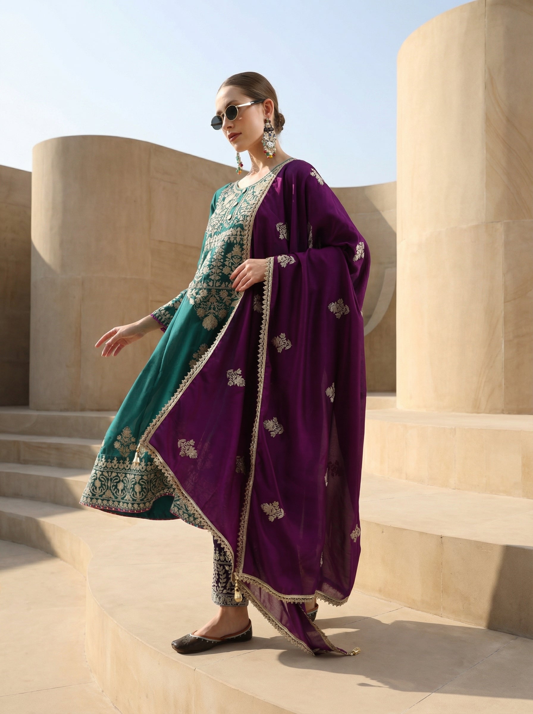 Rich Green Vichitra Embroidered A Line Kurta Sets With Dupatta