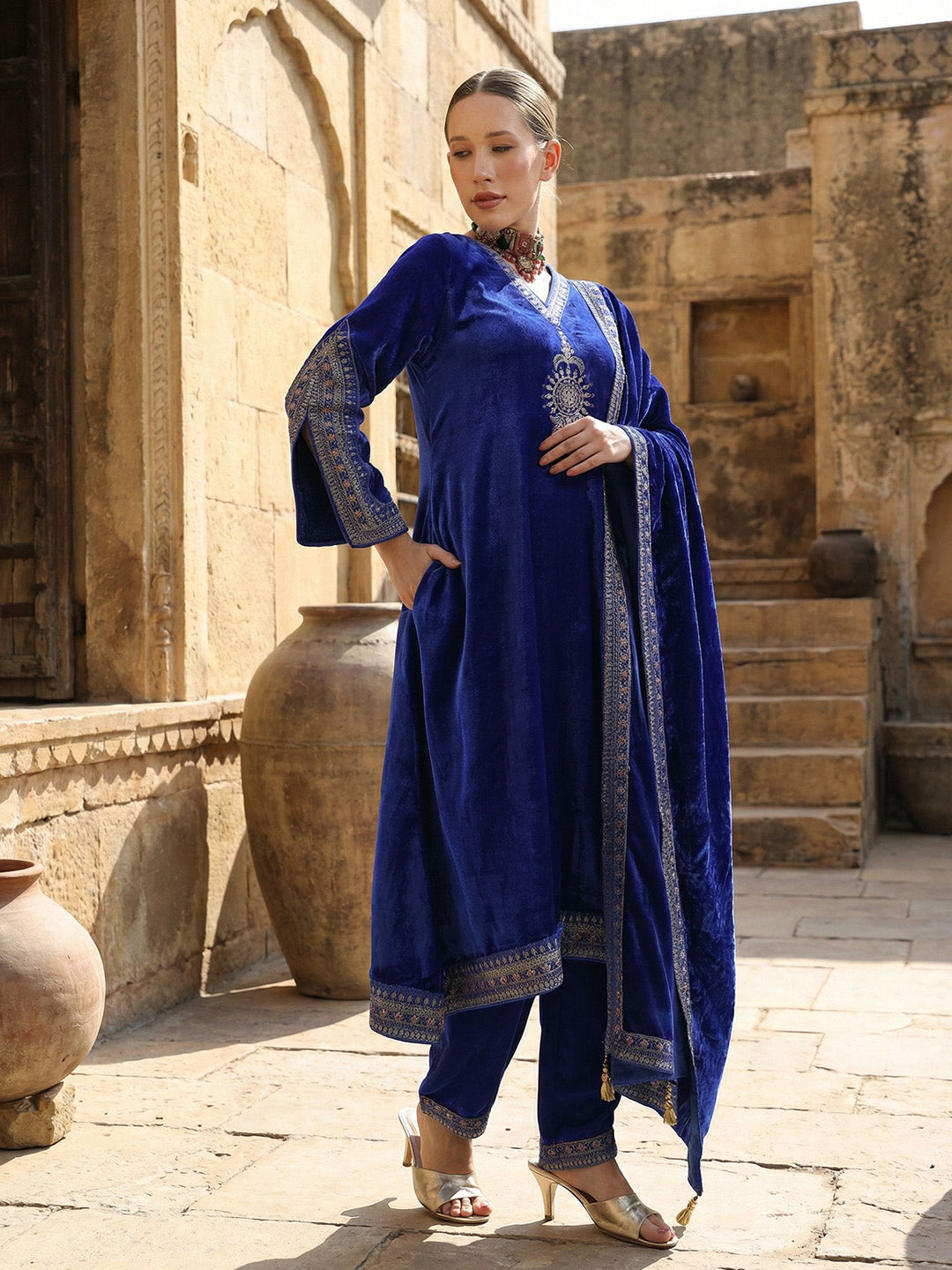 Rich Blue Embroidered A Line Kurta Sets In Velvet