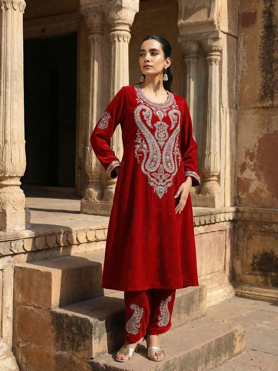 Rich Maroon Embroidered A-Line Kurta Sets In Velvet