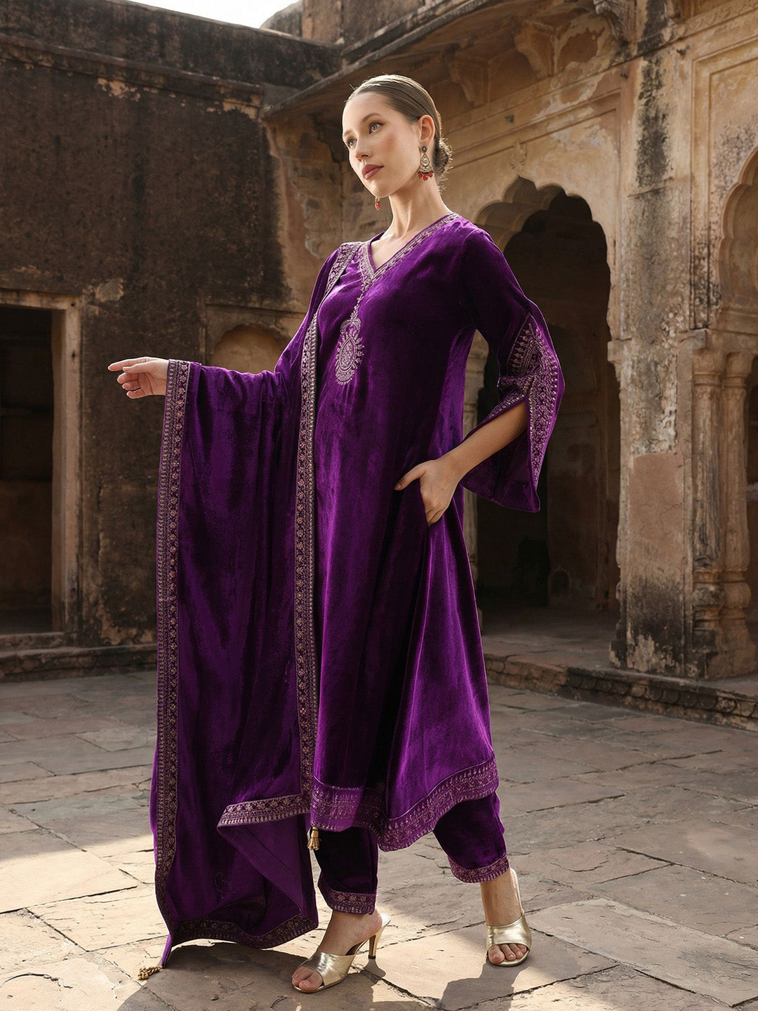 Rich Rust Embroidered A Line Kurta Sets In Velvet