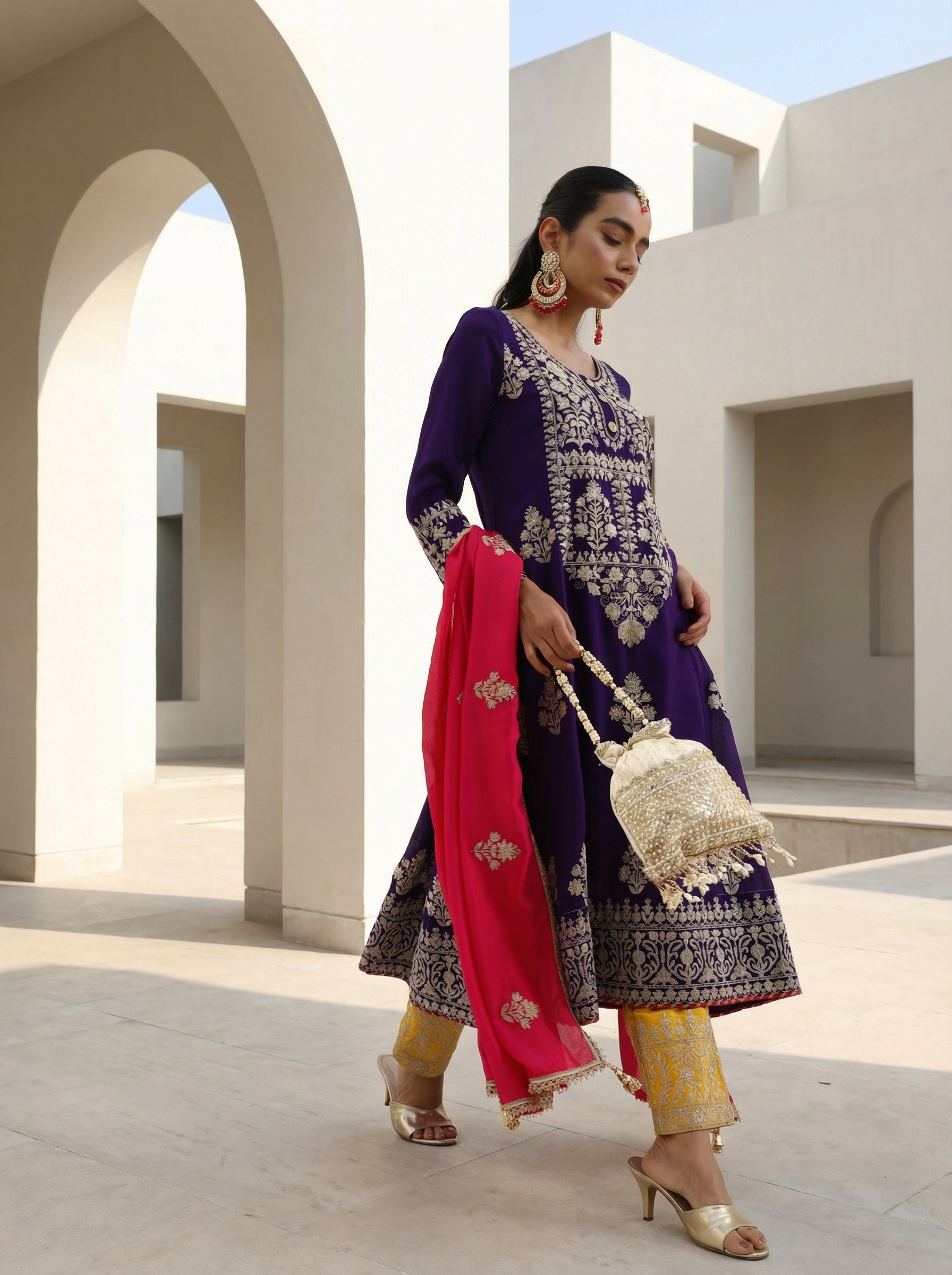 Rich Blue Vichitra Embroidered A Line Kurta Sets With Dupatta