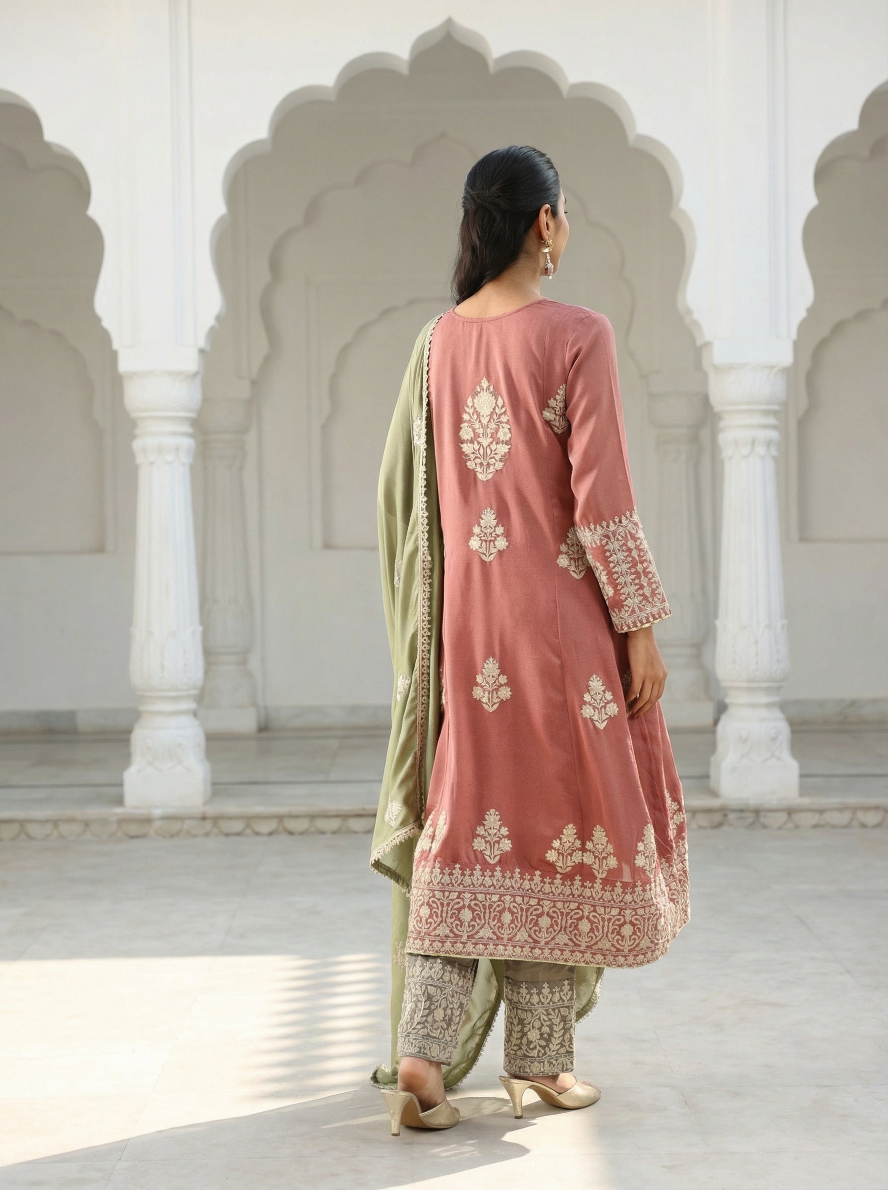 Rich Pink Vichitra Embroidered A Line Kurta Sets With Dupatta