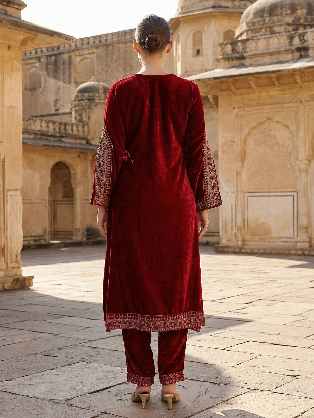 Rich Maroon Embroidered A Line Kurta Sets In Velvet