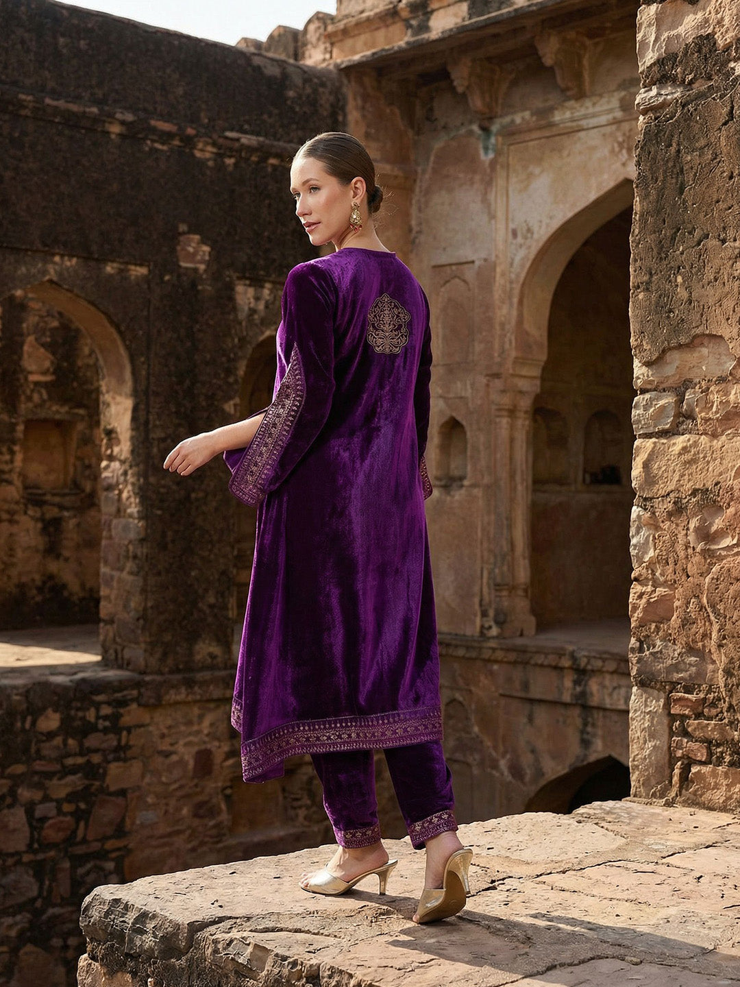 Rich Rust Embroidered A Line Kurta Sets In Velvet